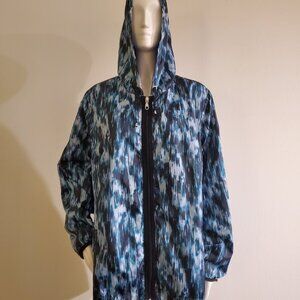 Isaac Mizrahi Live Rain Jacket Blue Patterned Hooded Zip-up Jacket Plus Size 1X